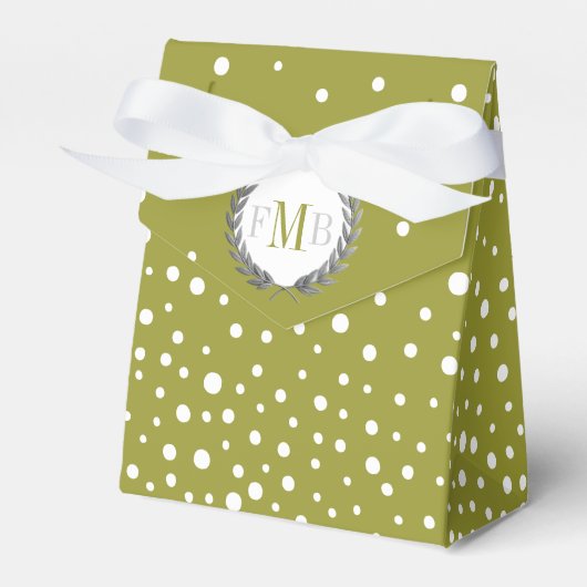 Olive green, white polka dot pattern wedding fav bedankdoosjes (Voorkant Zijde)