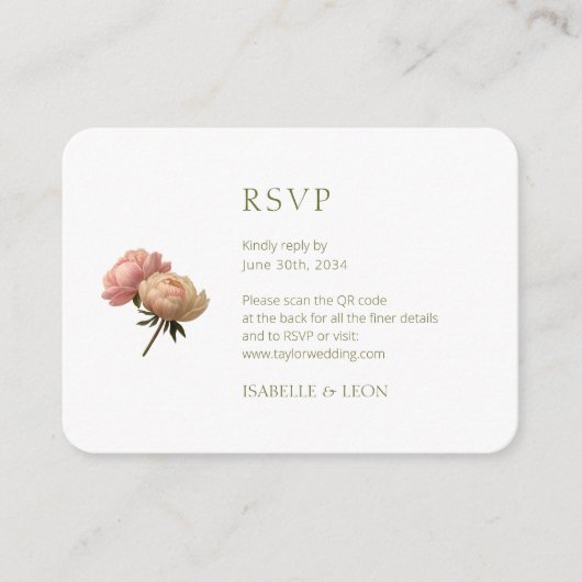 Olive Green & White Rose QR Code Wedding Informatiekaartje (Voorkant)