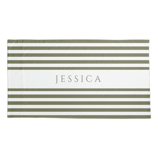 Olive Green & White Striped Pattern Name Pillow Ca Kussensloop (Achterkant)