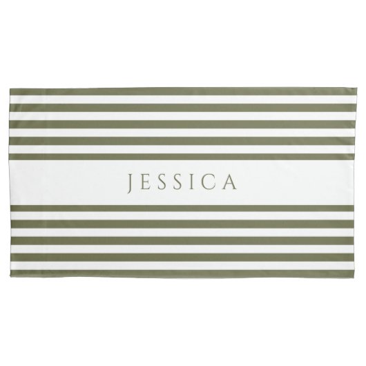 Olive Green & White Striped Pattern Name Pillow Ca Kussensloop (Voorkant)