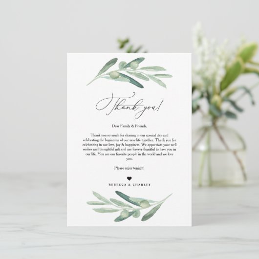 Olive Greenery Bedankt voor je brief, Napkin Note Menu (Staand voorkant)