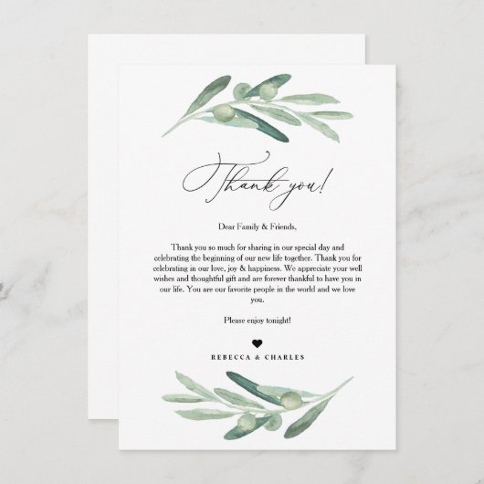Olive Greenery Bedankt voor je brief, Napkin Note Menu (Voorkant / Achterkant)