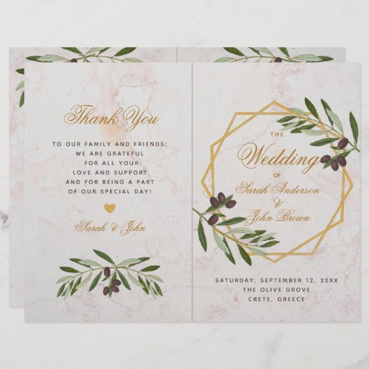 Olive Greenery Botanical Geometric Wedding Program (Voorkant / Achterkant)