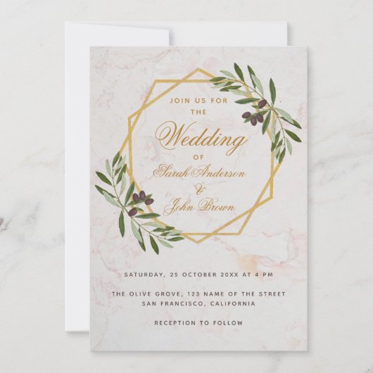 Olive Greenery Gold Botanical Geometric Wedding Kaart (Voorkant)