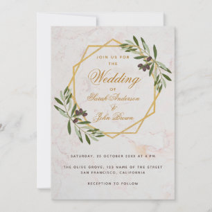 Olive Greenery Gold Botanical Geometric Wedding Kaart
