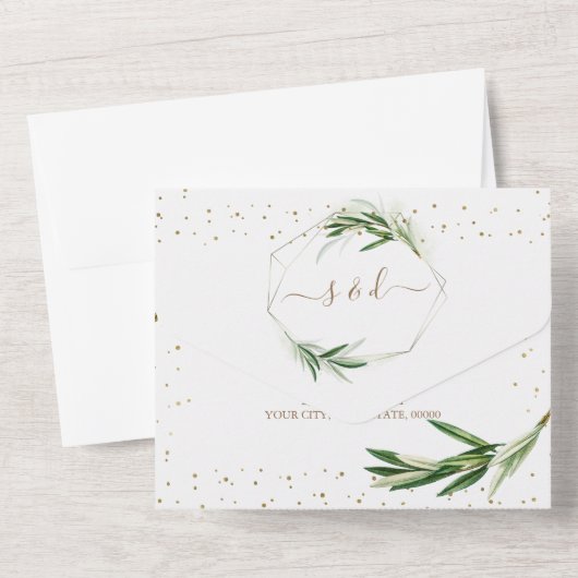 Olive Greenery Gold Confetti Monogram Weddenschap All In One Uitnodiging (Achterkant)