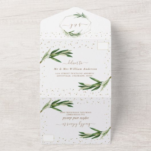 Olive Greenery Gold Confetti Monogram Weddenschap All In One Uitnodiging (Buitenkant)