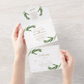 Olive Greenery Gold Confetti Monogram Weddenschap All In One Uitnodiging (Afscheurbaar)