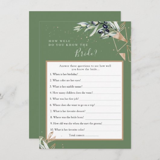 Olive Greenery Wie kent de bruid Beste Game Kaart (Voorkant / Achterkant)