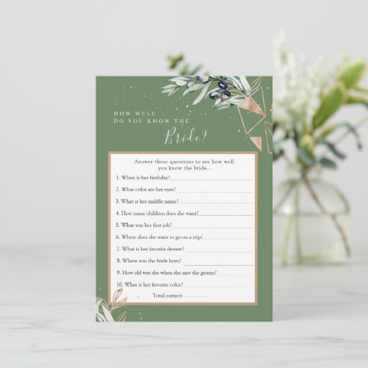 Olive Greenery Wie kent de bruid Beste Game Kaart (Staand voorkant)