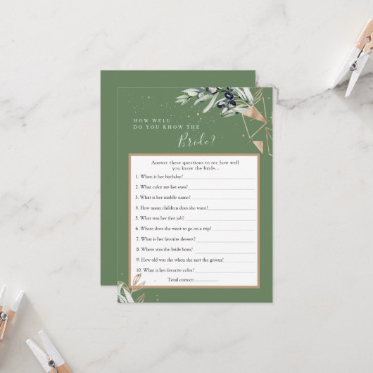Olive Greenery Wie kent de bruid Beste Game Kaart (Voorkant / Achterkant in situ)