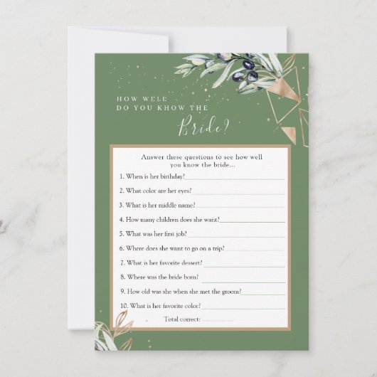 Olive Greenery Wie kent de bruid Beste Game Kaart (Voorkant)
