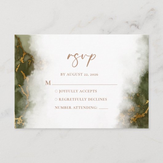 Olive Groen Goud Marmer Bruiloft Details RSVP Kaar Informatiekaartje (Voorkant)