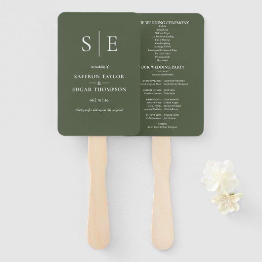 Olive Groen Monogram Huwelijksprogramma Handwaaier (Voorkant en achterkant)