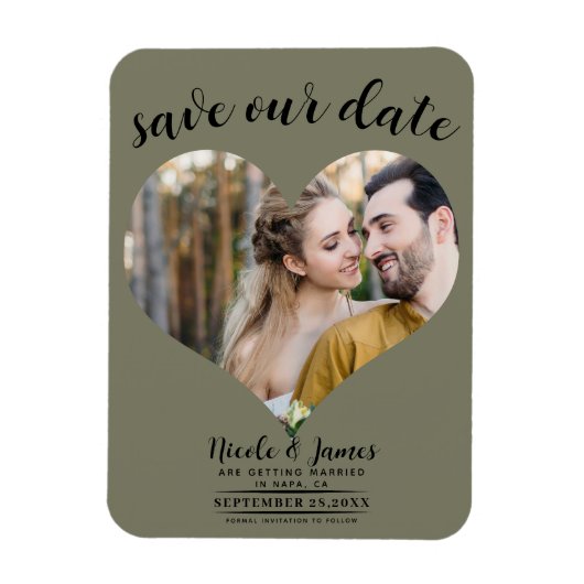 Olive Groene Hart Foto Bruiloft Save the Date Magneet (Verticaal)