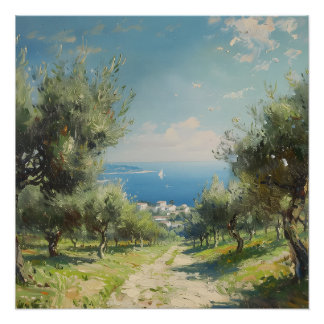 Olive Grove with Coastal Village and Sea Perfect Poster