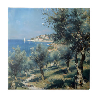 Olive Grove with Coastal Village and Sea Tegeltje