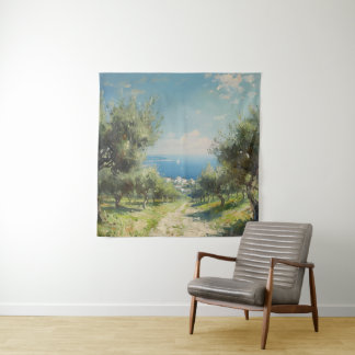 Olive Grove with Coastal Village and Sea Wandkleed