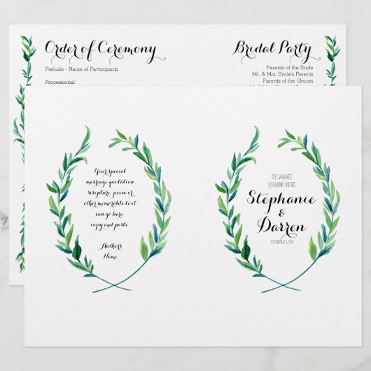 Olive Laurel Leaf Wreath Modern Ceremony Programme (Voorkant / Achterkant)