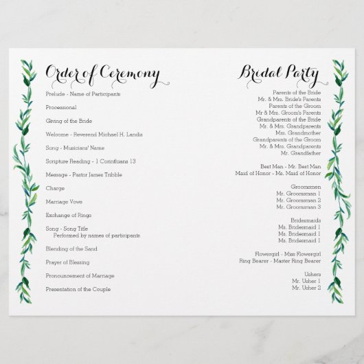 Olive Laurel Leaf Wreath Modern Ceremony Programme (Achterkant)