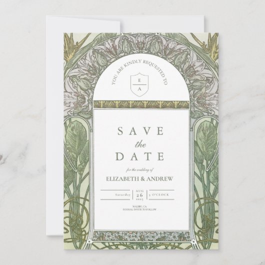 Olive Leaf Arch Art Nouveau bruiloft Save The Date (Voorkant)