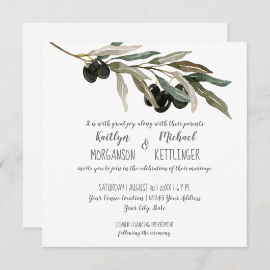Olive Leaf Leaves Branch Waterverf Summer Wedding Kaart (Voorkant / Achterkant)