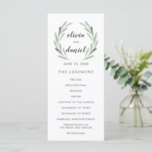 Olive Leaf Wreath Cursive Script Wedding Program Programmakaart (Staand voorkant)