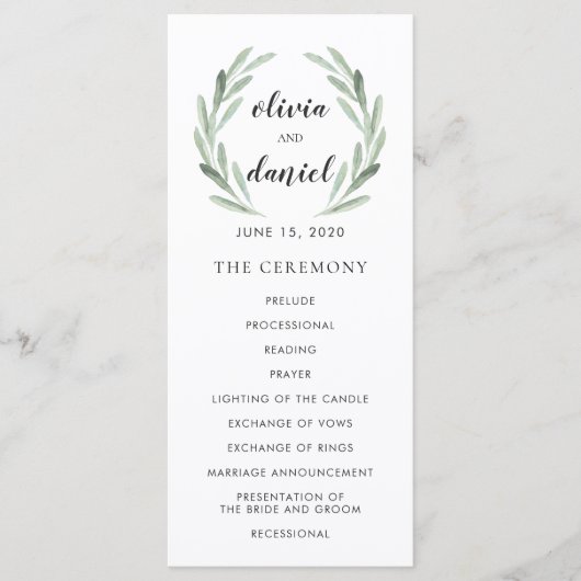 Olive Leaf Wreath Cursive Script Wedding Program Programmakaart (Voorkant)