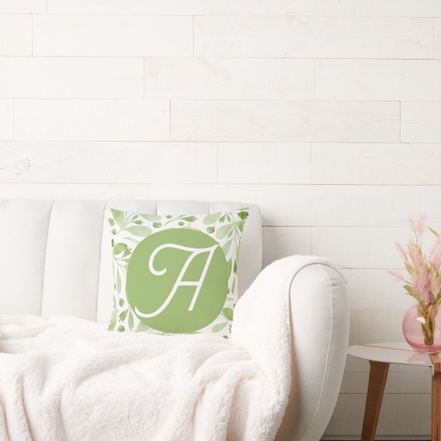 Olive Leaves and Initial Throw Pillow Kussen (Bank)