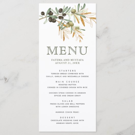 Olive Leaves Gold Branch Wedding Menu (Voorkant)