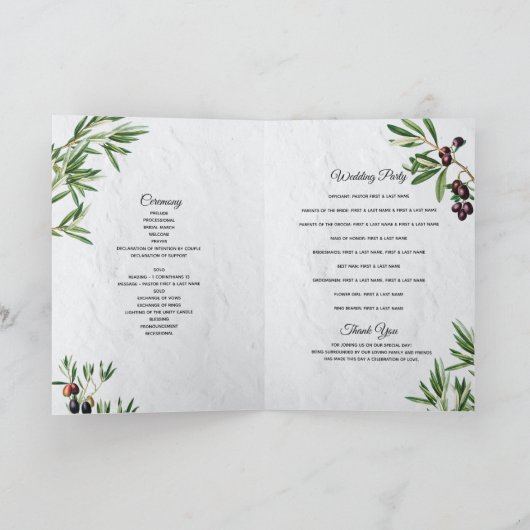 Olive Leaves Greek Island Wedding Order of Service Programma (Binnen)