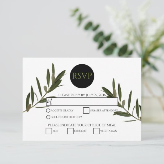 Olive Leaves Greenery Wedding RSVP Kaarten (Staand voorkant)