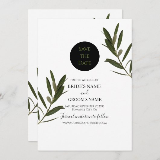 Olive Leaves Greenery Wedding Save The Date (Voorkant / Achterkant)