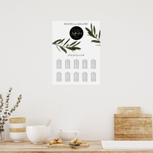 Olive Leaves Greenery Wedding Seating Chart Poster (Keuken)