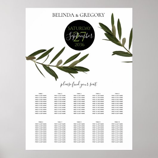 Olive Leaves Greenery Wedding Seating Chart Poster (Voorkant)