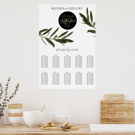Olive Leaves Greenery Wedding Seating Chart Poster (Keuken)