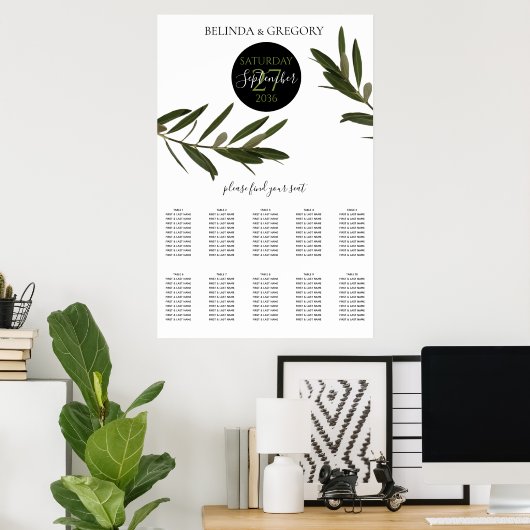 Olive Leaves Greenery Wedding Seating Chart Poster (Thuiskantoor)