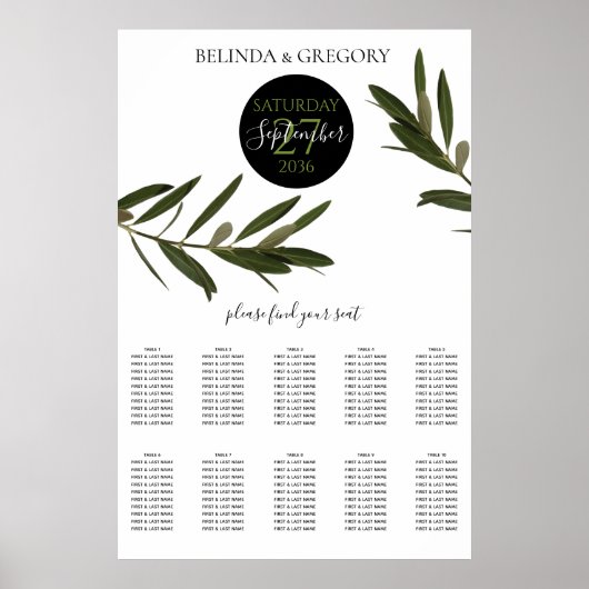 Olive Leaves Greenery Wedding Seating Chart Poster (Voorkant)