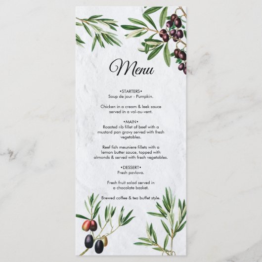 Olive Leaves Mediterranean Greek Island Wedding Menu (Voorkant)