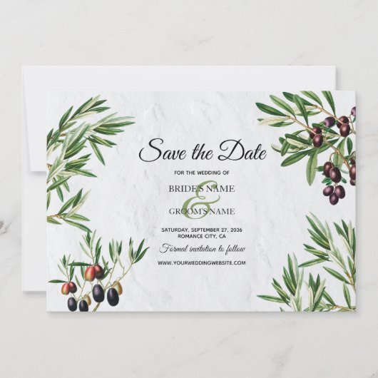 Olive Leaves Mediterranean Greek Island Wedding Save The Date (Voorkant)
