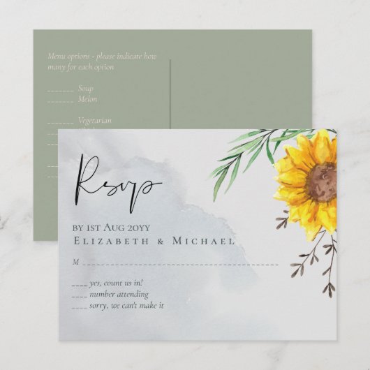 Olive Leaves Sunflower Rustic Wedding Briefkaart (Voorkant / Achterkant)