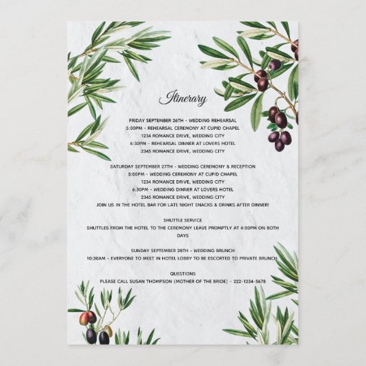 Olive Leaves Weddenschap Welkomstprogramma Programmakaart (Achterkant)
