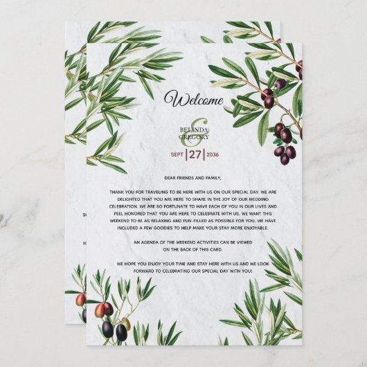 Olive Leaves Weddenschap Welkomstprogramma Programmakaart (Voorkant / Achterkant)