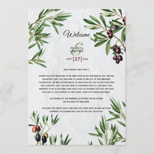 Olive Leaves Weddenschap Welkomstprogramma Programmakaart (Voorkant)