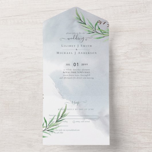 Olive Leaves Wedding Dusty Blue Lemon All In One Uitnodiging (Binnen)
