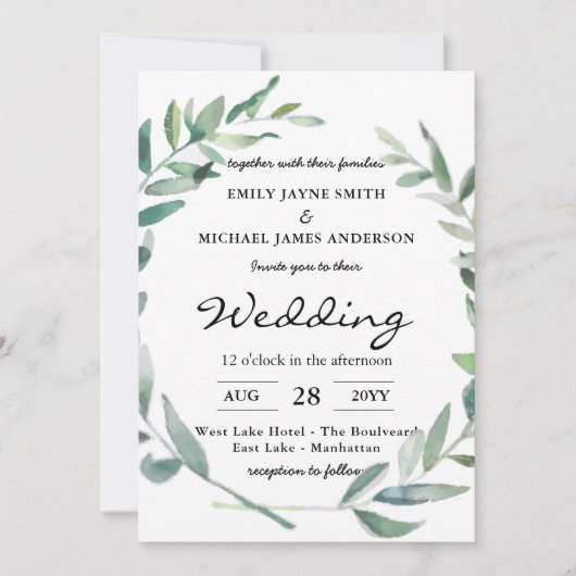 Olive Leaves Wedding Invitations Greenery Modern Kaart (Voorkant)