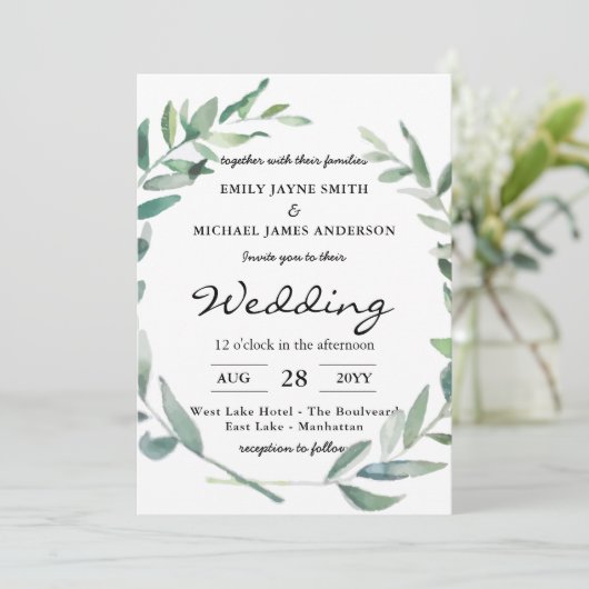 Olive Leaves Wedding Invitations Greenery Modern Kaart (Staand voorkant)