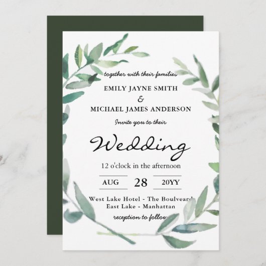 Olive Leaves Wedding Invitations Greenery Modern Kaart (Voorkant / Achterkant)