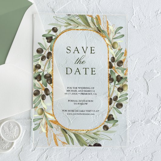 Olive Leaves Wedding Save the Date Acryl Uitnodigingen