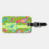 Olive Lime Green Modern Paisley Pattern Monogram Bagagelabel (Voorkant horizontaal)